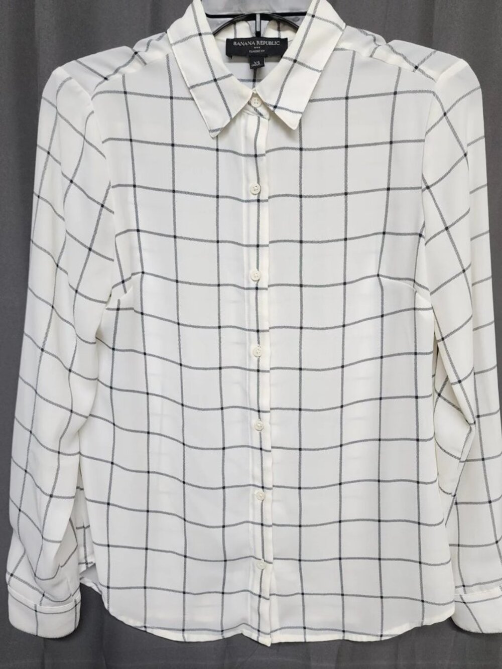 BANANA REPUBLIC Blouse Button Up Shirt Women's XS White Black Grid Long Sleeve
